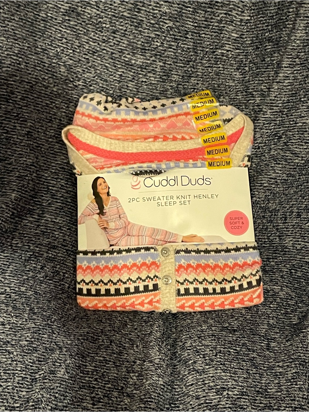 Cuddl Duds Pink and Cream Fair Isle Sweater Knit Henley Sleep Set
